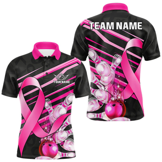 Maxcorners Personalized Pink Ribbon Men's Bowling Shirt, Custom Breast Cancer Awareness Team Bowling Jersey
