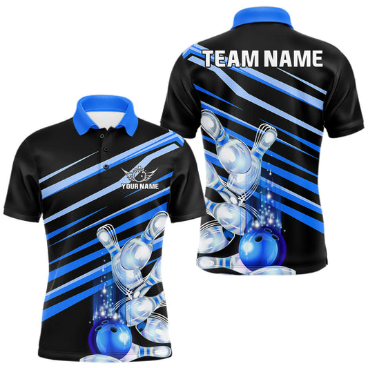 Maxcorners Personalized Black and Blue Glowing Bowling Shirt for Men, Custom Bowling League Team Jersey