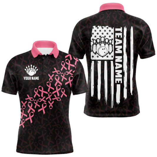 Maxcorners Pink Ribbon American Flag Bowling Shirt for Men, Custom Breast Cancer Awareness Bowling Team Jersey