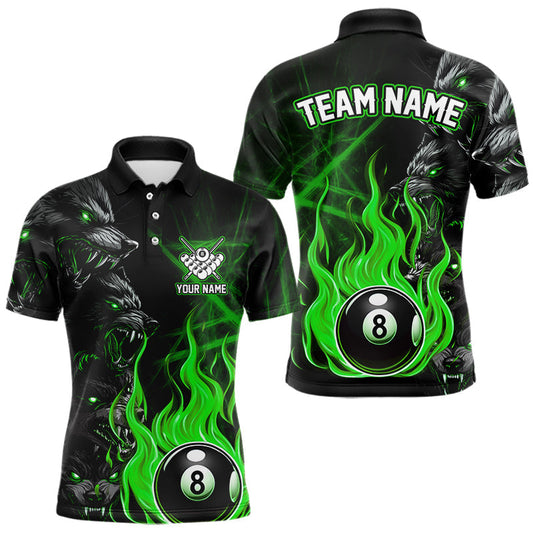 Maxcorners Personalized Wolf Flaming 8 Ball Pool Fire Men Billiard Shirts Team League Billiard Jerseys |Green LM2512