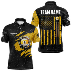 Maxcorners Yellow Black Grunge American Flag 9 Ball Men's Billiard Shirt Custom 9 Ball Pool Team Jersey LM2512