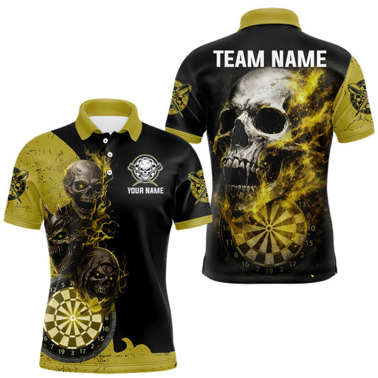 Maxcorners Personalized Yellow Black Skull Smoke Darts Shirt For Men Custom Darts Team Jersey Polo &1/4 Zip LM2901