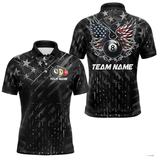 Maxcorners Black US Flag 8 Ball Pool Wings Billiard Shirt For Men Custom Billiard Team Jersey Polo & 1/4 Zip LM2602