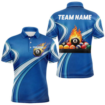 Maxcorners Personalized Blue Billiard Jersey For Men Custom Flame 8 Ball Pool Billiard Shirt Polo & 1/4 Zip LM2704