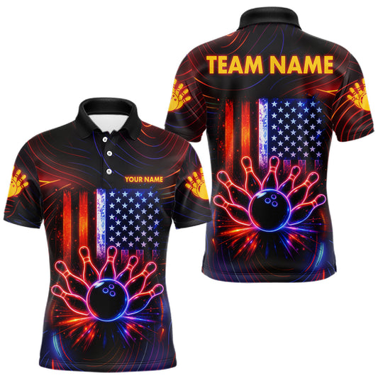 Maxcorners Custom Neon American Flag Bowling Shirt For Men, Patriotic Bowling Team Jersey Polo & 1/4 Zip LM2603