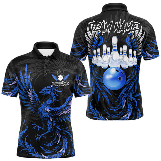 Maxcorners Custom Phoenix Wings Bowling Shirts For Men, Black And Blue Bowling Team Jersey Polo & 1/4 Zip LM2806