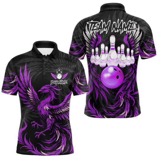 Maxcorners Custom Phoenix Wings Bowling Shirts For Men, Black And Purple Bowling Team Jersey Polo & 1/4 Zip LM2806