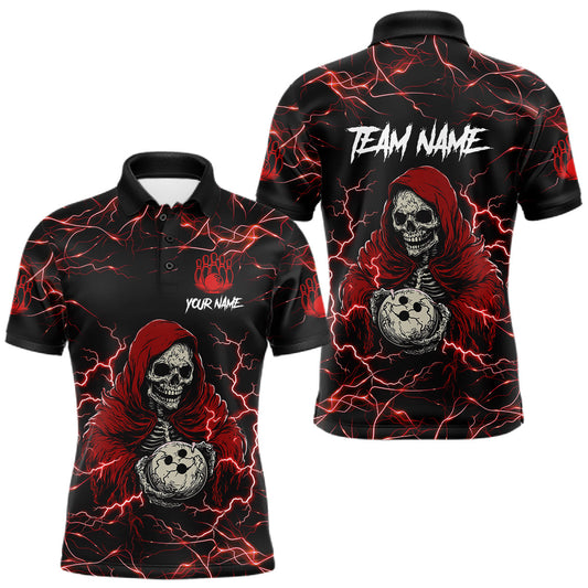 Maxcorners Black And Red Grim Reaper Bowling Shirt For Men Custom Lightning Bowling Team Jersey Polo, 1/4 Zip LM2806