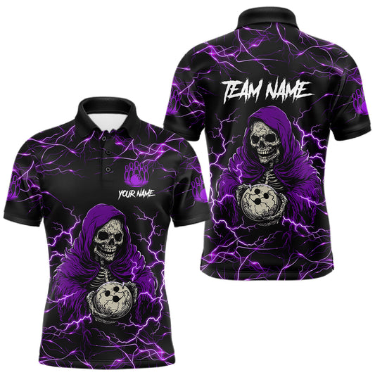 Maxcorners Purple Grim Reaper Lightning Bowling Shirt For Men Custom Bowling League Team Jersey Polo, 1/4 Zip LM2806