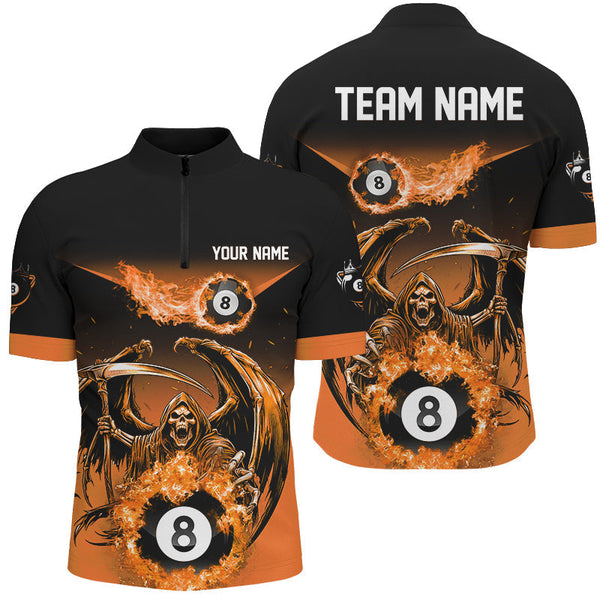 Maxcorners Orange Death Skeleton Flame 8 Ball Pool Billiard Shirts Custom Billiard League Team Jerseys