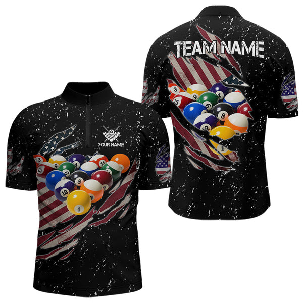 Maxcorners Patriotic American Flag Grunge Billiard Jersey For Men Custom Billiard Shirt Polo & 1/4 Zip |Black