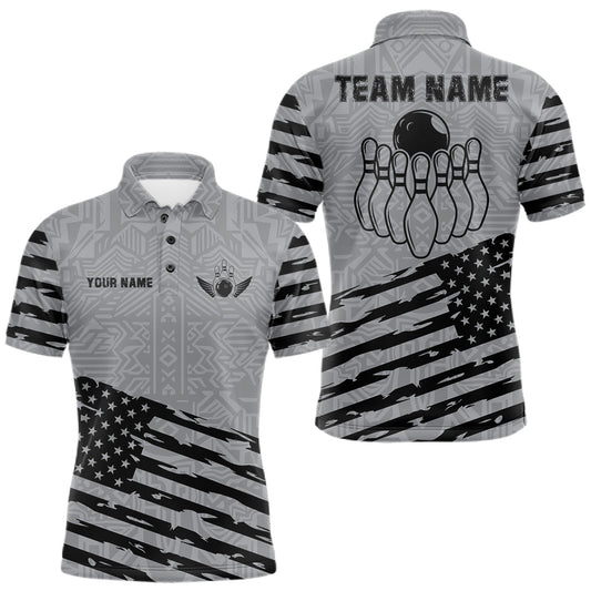 Maxcorners Personalized American Flag Grey Bowling Shirt For Men Custom Bowling Team Jersey Polo & Quarter Zip