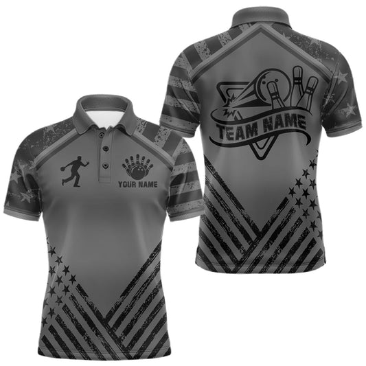 Maxcorners Personalized Grey US Flag Bowling Jersey For Men Custom Bowling Team Shirts Polo & Quarter Zip