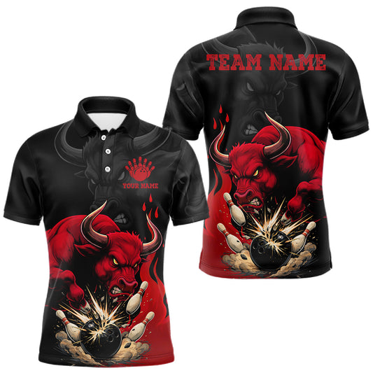 Maxcorners Black And Red Funny Bull Bowling Shirt For Men Custom Bowling Team Jersey Polo & Quarter Zip LM1705