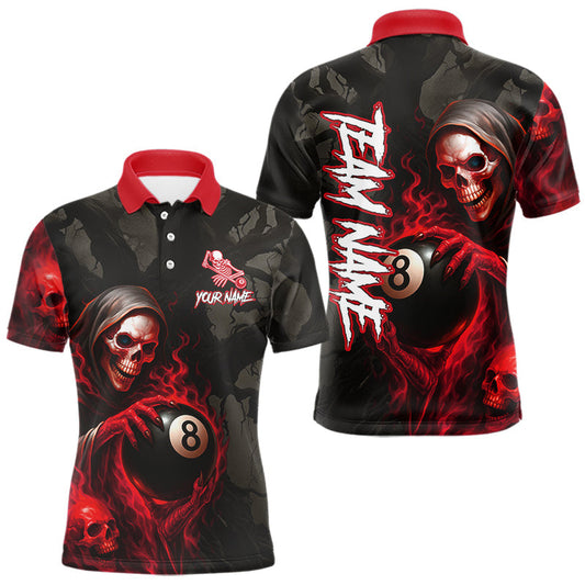 Maxcorners Grim Reaper Custom Flame 8 Ball Pool Billiard Shirt For Men, Black And Red Billiard Team Jerseys LM0706