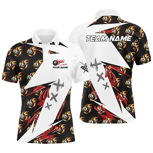 Maxcorners Personalized Billiard 8 Ball Fire Flame Pattern Men Polo Shirts Custom Team Name Billiard Jersey LM054