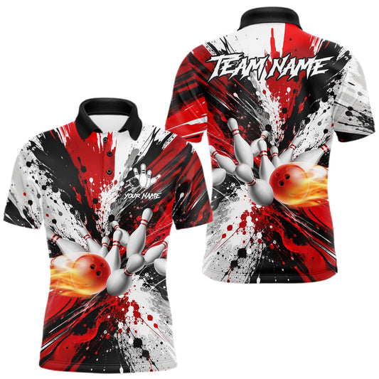 Maxcorners Custom Red Splatter Bowling Ball Pins Polo & Quarter Zip For Men, Bowling League Team Jersey LM0106