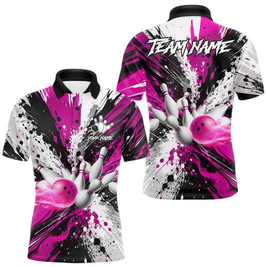 Maxcorners Custom Pink Splatter Bowling Ball Pins Polo & Quarter Zip For Men, Bowling League Team Jersey LM0106