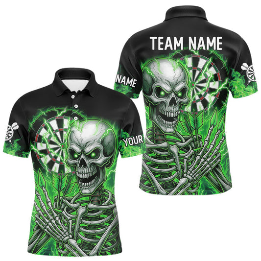 Maxcorners Green Flaming Lightning Skeleton Darts Shirt For Men Custom Skull Dart Jersey Team Polo & 1/4 Zip LM1903