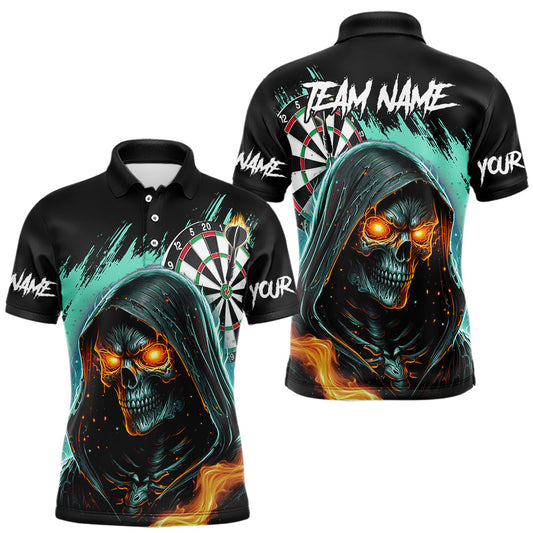 Maxcorners Personalized Grim Reaper Fire Dart Shirts For Men Custom Skull Dart Jersey Polo & 1/4 Zip |Turquoise LM2512