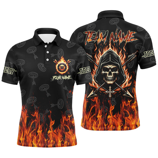 Maxcorners Archery Skull Fire Customized Target Pattern Polo Shirts For Men, Archery Shirts Gifts For Archer