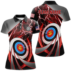 Maxcorners Red Archery 3D Target Thunder Lightning Personalized Men Polo Shirts, Team League Archery Shirts