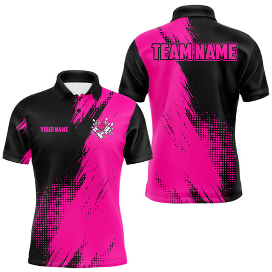 Maxcorners Custom Pink And Black Strike Bowling Shirts Men Polo, 1/4 Zip Bowling Team Jerseys Bowling League