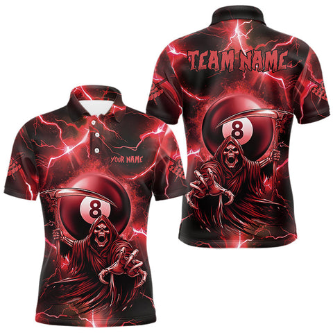 Maxcorners Red Grim Reaper 8 Ball Billiard Shirt For Men Custom Funny Thunder Lightning Pool Team Jersey MT0410