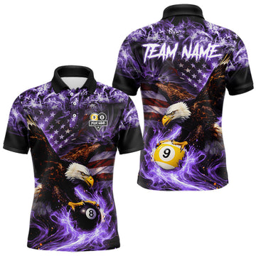 Maxcorners Purple Flaming Eagle 8 & 9 Ball Billiard Shirt For Men Custom US Flag Pool Jersey Polo, 1/4 Zip