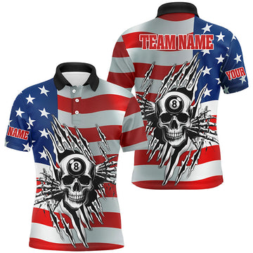 MaxCorners Billiard Skull American Flag Customized Name, Team Name 3D Polo Shirt