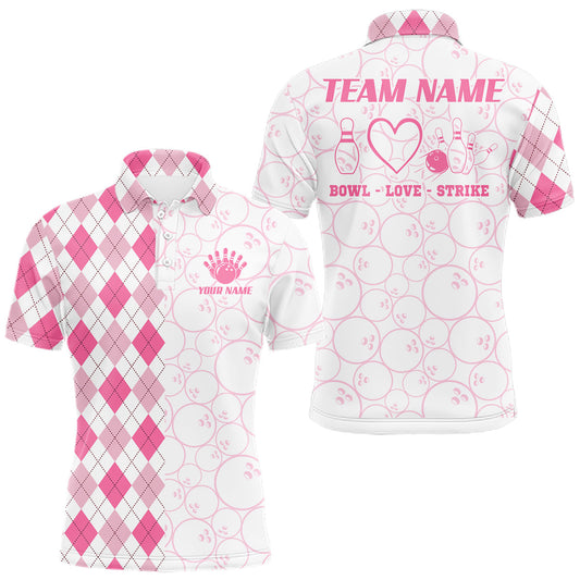 Maxcorners Personalized Pink Argyle Bowling Jersey For Men Custom Bowling Shirt Team Polo & 1/4 Zip LM0404