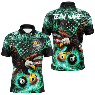 Maxcorners Turquoise Flaming Eagle 8 Ball 9 Ball Pool Billiard Shirt For Men Custom US Flag Billiard Jersey LM0208