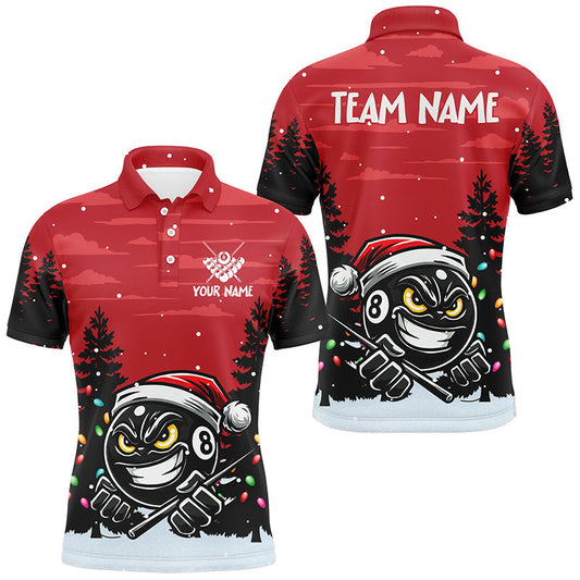 Maxcorners Personalized Red Christmas Santa 8 Ball Pool Billiard Shirts For Men, Funny Xmas Billiard Jerseys