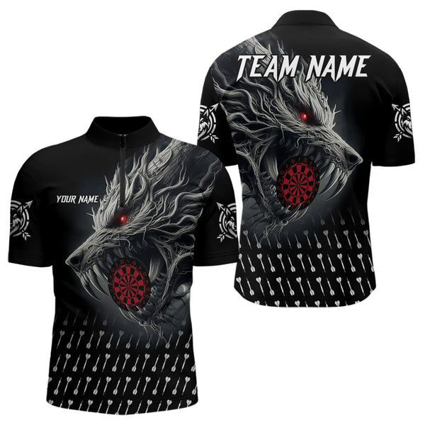 Maxcorners Personalized Viking 3D Wolf Dart Shirts For Men Custom Black Dart Team Jerseys Polo & Quarter Zip
