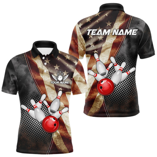 Maxcorners Retro American Flag Bowling Jersey For Men Custom Patriotic Bowling Team Shirts Polo & Quarter Zip