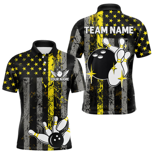 Maxcorners Yellow Grunge American Flag Patriotic Bowling Shirts For Men Custom Bowling Jersey Polo & 1/4 Zip LM0404