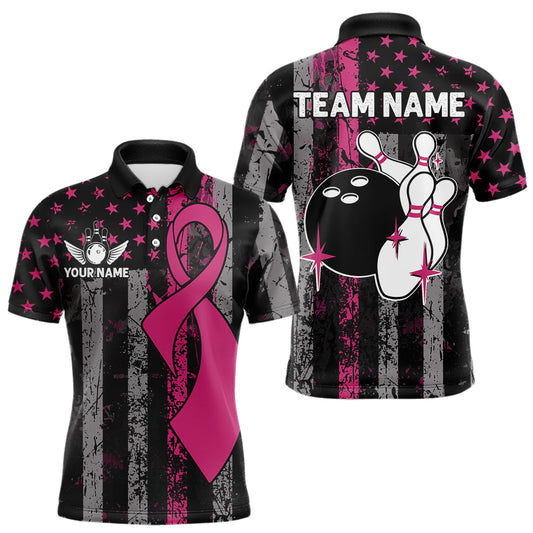 Maxcorners Custom Pink Ribbon Grunge American Flag Bowling Shirt For Men, Breast Cancer Bowling Team Jersey LM0404