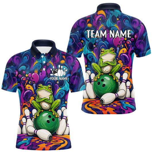 Maxcorners Personalized Colorful Funny Frog Bowling Shirt For Men, Custom Bowling Team Jersey Polo & 1/4 Zip LM0607