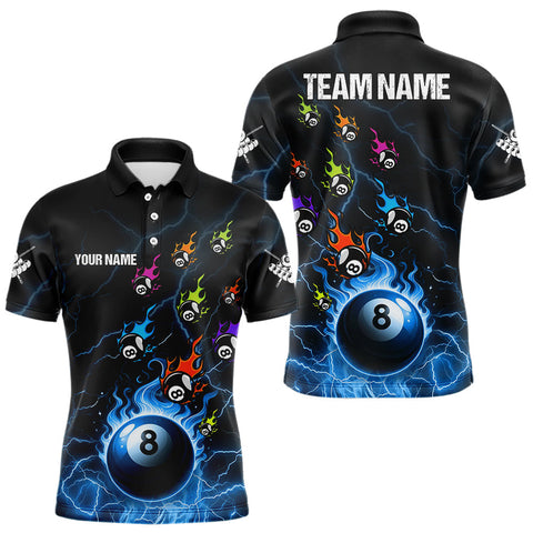 Maxcorners Personalized Funny Colorful Fire Flame 8 Ball Billiard Shirt For Men Custom Pool Team Jersey |Blue LM0910