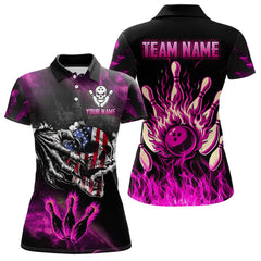 Maxcorners Pink Flaming American Flag Skull Bowling Shirt For Men Custom Fire Bowling Team Jersey MT0609