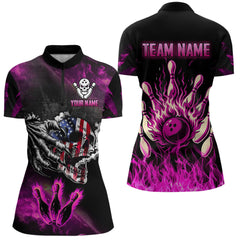 Maxcorners Pink Flaming American Flag Skull Bowling Shirt For Men Custom Fire Bowling Team Jersey MT0609