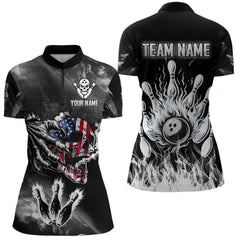 Maxcorners Black And White Flaming American Flag Skull Bowling Shirt For Men Custom Fire Bowling Team Jersey MT0609