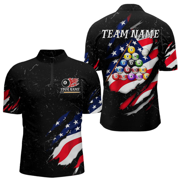 Maxcorners Personalized Black Grunge American Flag Billiard Shirt For Men Custom Patriotic 8 Ball Pool Jersey MT0609