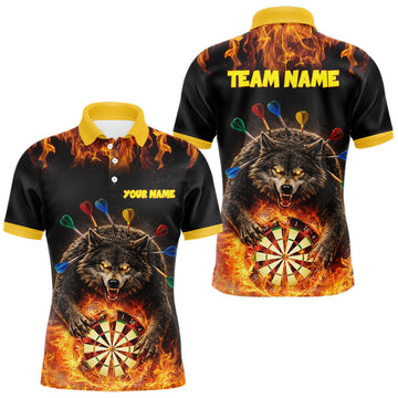 Maxcorners Personalized Fire Flame Wolf Darts Shirt For Men Custom Darts Jersey Team Polo & Quarter Zip