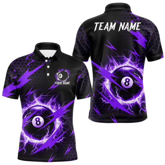 Maxcorners Purple 8 Ball Pool Thunder Lightning Men's Billiard Shirt Custom Billiard Jersey Polo, Quarter Zip LM0706