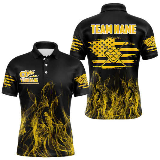 Maxcorners Yellow Flaming US Flag 9 Ball Billiard Shirt For Men Custom Patriotic Pool Player Team Jersey LM1903