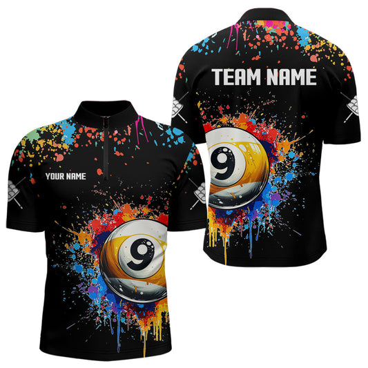 Maxcorners Funny 9 Ball Pool Colorful Paint Splash Custom Billiard Shirt For Men, Billiard Team Jersey | Black