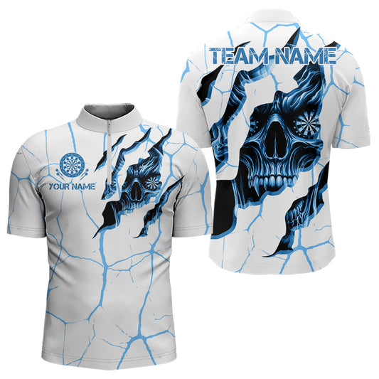 Maxcorners Personalized Skull White Blue Grunge Darts Polo & Quarter-Zip For Men Custom Dart Team Jerseys Lm0803