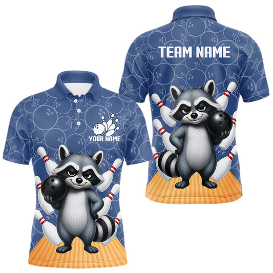 Maxcorners Funny Raccoon Navy Blue Bowling Polo & Quarter Zip Shirts For Men Custom Bowling Team Jersey LM1005