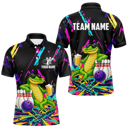Maxcorners Colorful Bowling Jersey Funny Alligator Bowling Polo & 1/4 Zip For Men Custom Bowling Team Shirts LM1005
